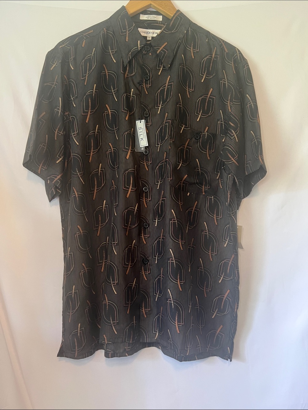 NWT Ron Chereskin 100% Silk Washable Shirt Medium Geometric Print Grandpacore